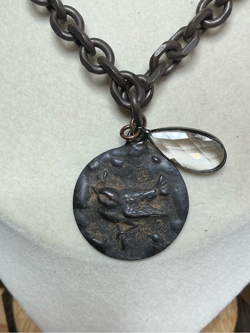 Rustic Copper Chain 17” with Bird Coin and Clear Crystal - Picture 2 of 4
